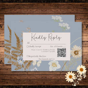 Wildflowers on Dusty Blue Wedding QR Code RSVP Card