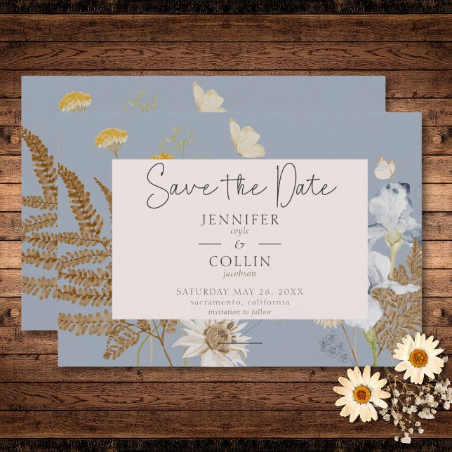 Wildflowers on Dusty Blue Wedding Save The Date (Wildflowers on Dusty Blue Wedding Save The Date)
