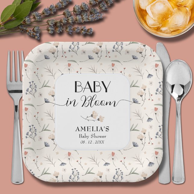 Wildflowers on Ivory Baby Shower Paper Plate (Baby in Bloom wildflowers on ivory baby shower square paper plates)