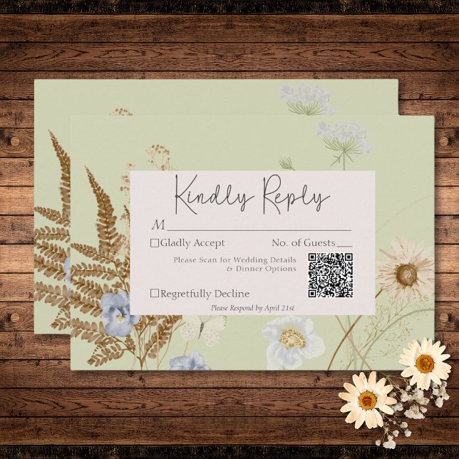 Wildflowers on Light Sage Wedding QR Code RSVP Card (Wildflowers on Light Sage Wedding QR Code RSVP Card)