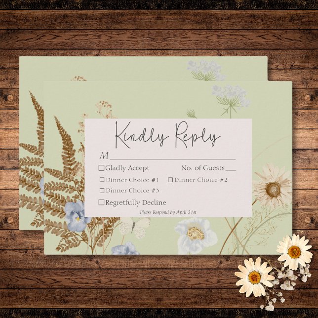 Wildflowers on Light Sage Wedding Three Dinner RSVP Card (Wildflowers on Light Sage Wedding Three Dinner RSVP Card)
