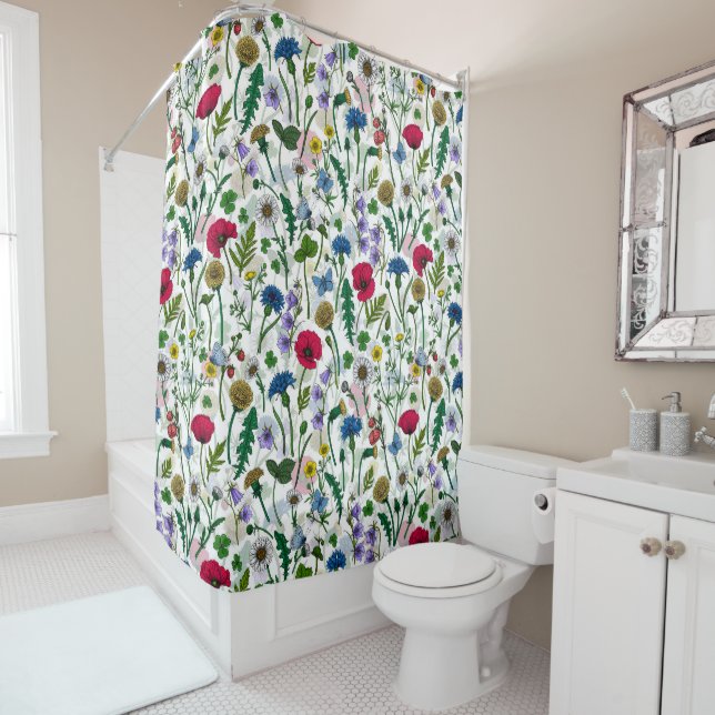 Wildflowers on off white shower curtain (In Situ)