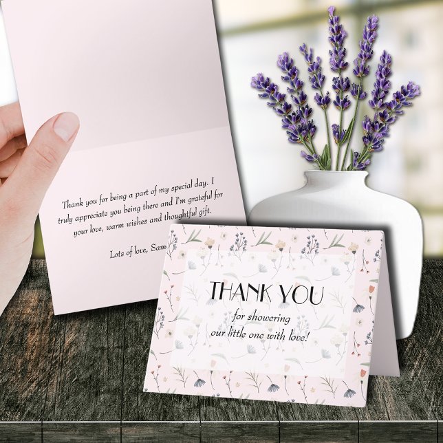 Wildflowers on Pink Girl Baby Shower Thank You Card (Wildflowers on Pink Girl Baby Shower Folded Thank You Cards (leave inside blank to handwrite notes))