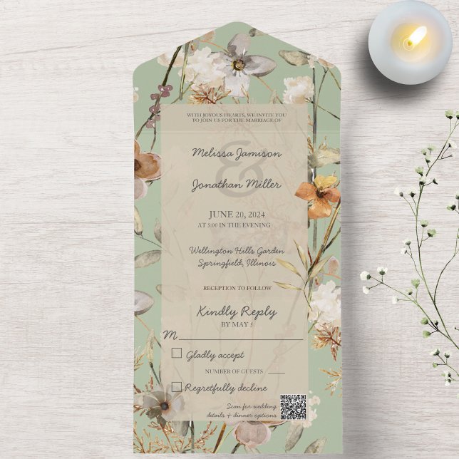 Wildflowers on Sage Green with QR Code All In One Invitation (Creator Uploaded)