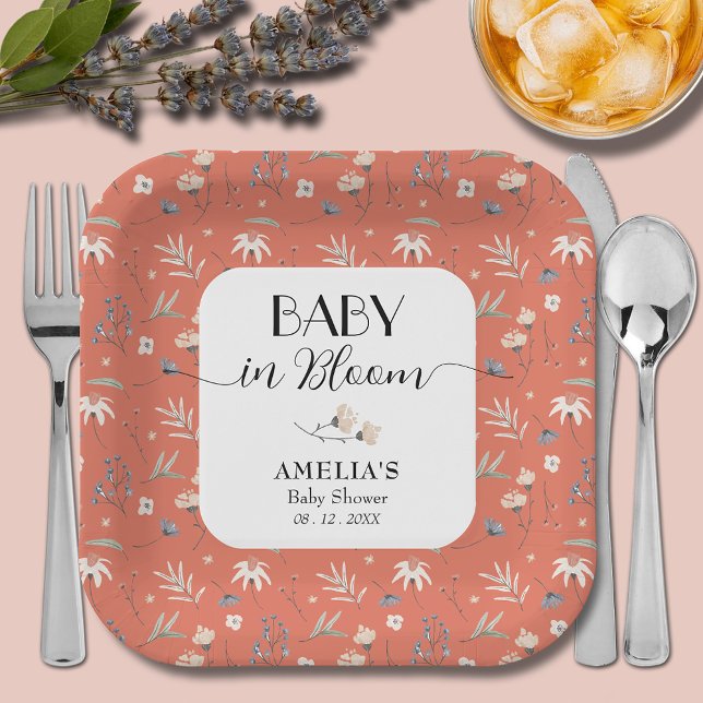 Wildflowers on Terracotta Baby Shower Paper Plate (Wildflowers on terracotta gender-neutral baby shower paper plates)