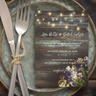 Wildflowers on Wood String Lights Rustic Wedding Invitation