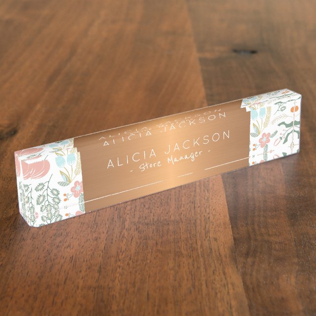 Wildflowers pattern copper gold glitter business nameplate (Side)