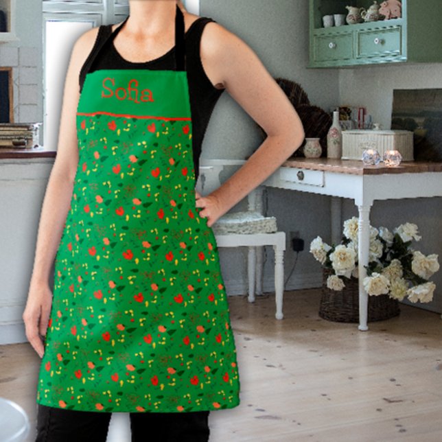 Wildflowers pattern green All-Over Print Apron (Creator Uploaded)