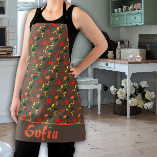 Wildflowers pattern poppy brown  apron