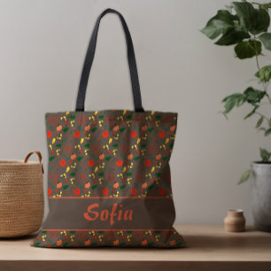 Wildflowers pattern poppy brown tote bag