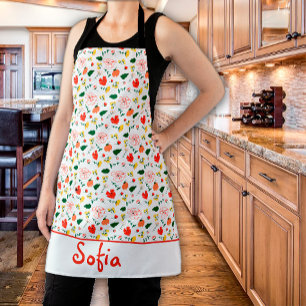 Wildflowers pattern poppy white  apron