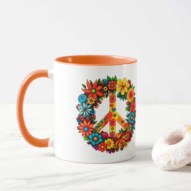 Wildflowers Peace Sign floral wreath Mug (With Donut)