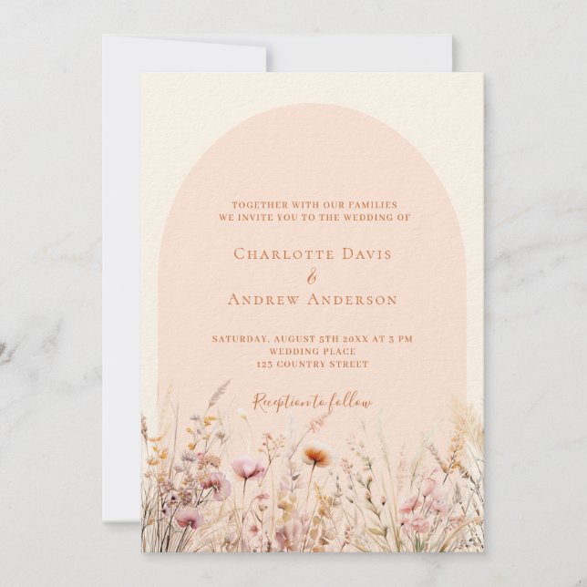 Wildflowers peach beige arch photo luxury wedding invitation (Front)