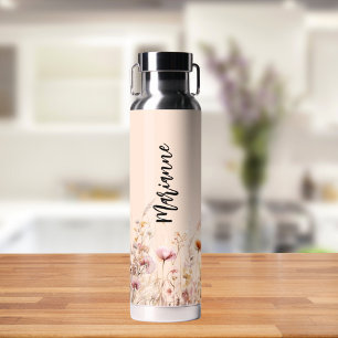 Wildflowers peach beige custom name script water bottle