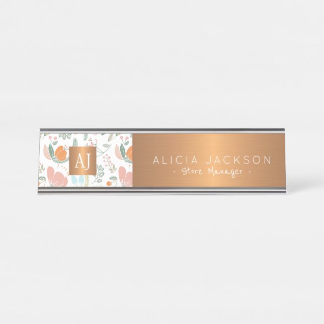 Wildflowers peach pattern copper gold monogrammed desk name plate (Front)