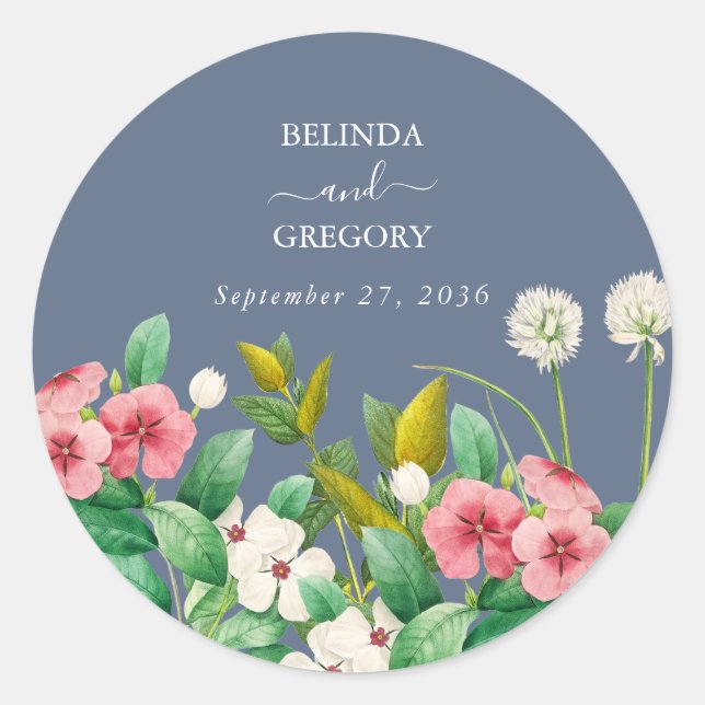 Wildflowers Periwinkle Dusty Blue Wedding Classic Round Sticker (Front)