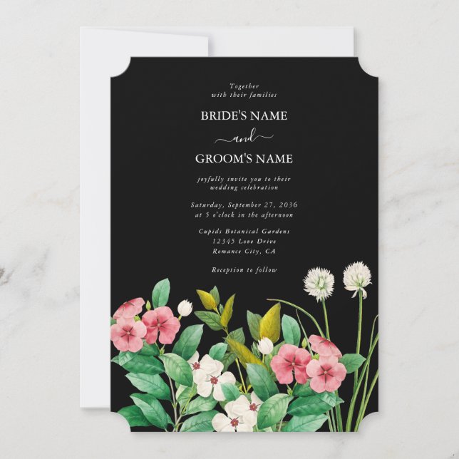 Wildflowers Periwinkle Watercolor Black Wedding Invitation (Front)