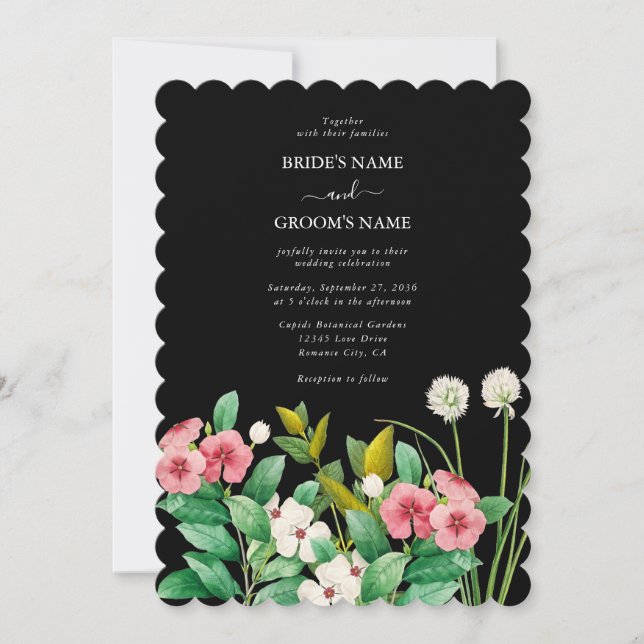 Wildflowers Periwinkle Watercolor Black Wedding Invitation (Front)
