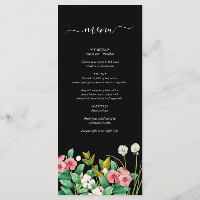 Wildflowers Periwinkle Watercolor Black Wedding Menu (Front)