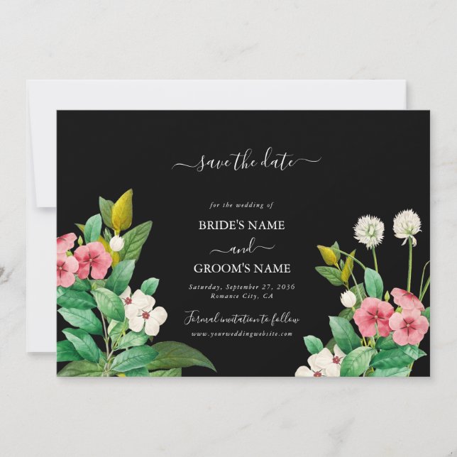 Wildflowers Periwinkle Watercolor Black Wedding  Save The Date (Front)