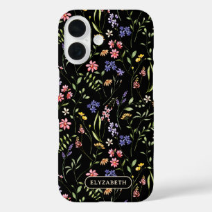 Wildflowers Personalized Name Black iPhone 16 Case