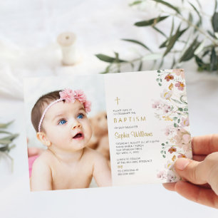 Wildflowers Photo Girl Baptism   Pink & Red Flower Invitation