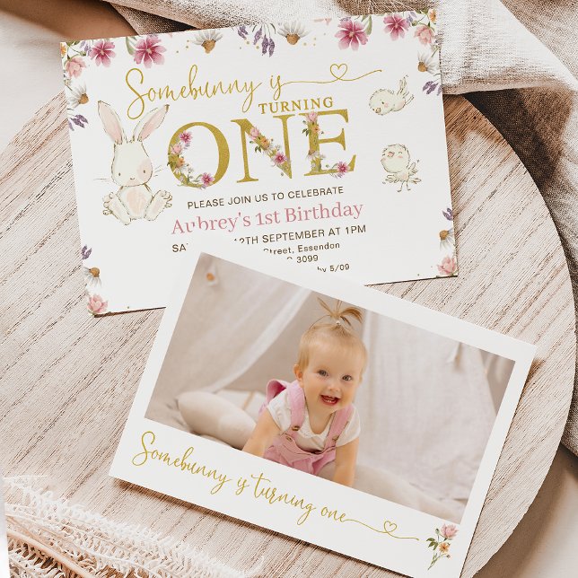 Wildflowers Photo Some Bunny 1st Birthday Invitation (Some bunny is turning one 1st birthday invitation with white bunny, wildflowers and a photo.)