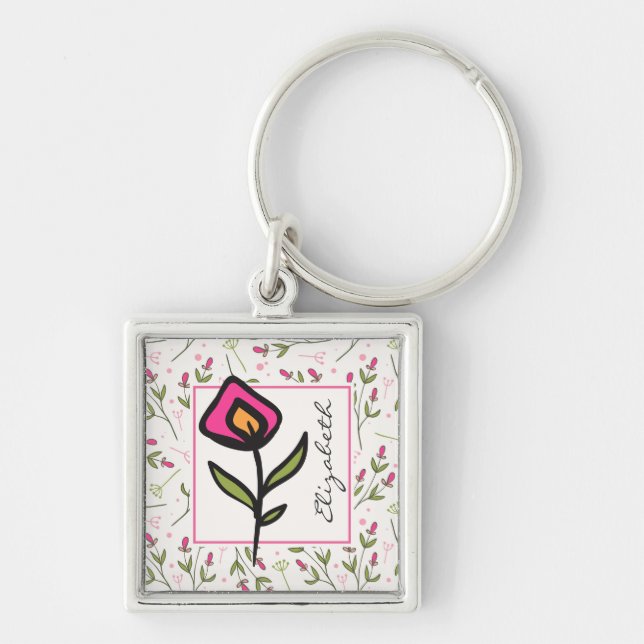 Wildflowers - Pink and Orange Petals Personalised Key Ring (Front)