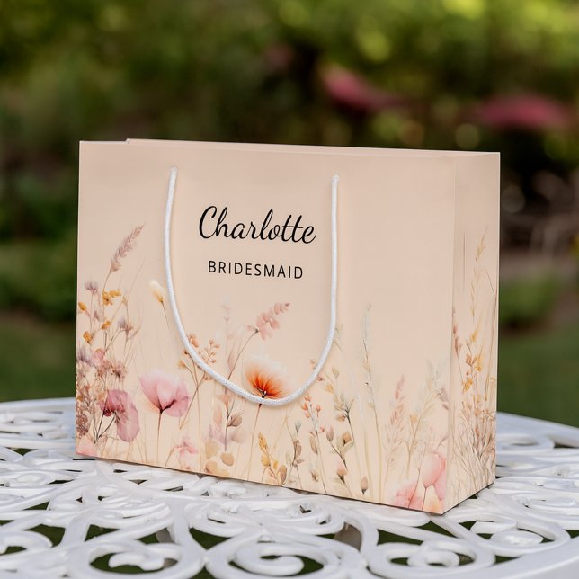 Wildflowers pink beige bridesmaid name large gift bag (Creator Uploaded)