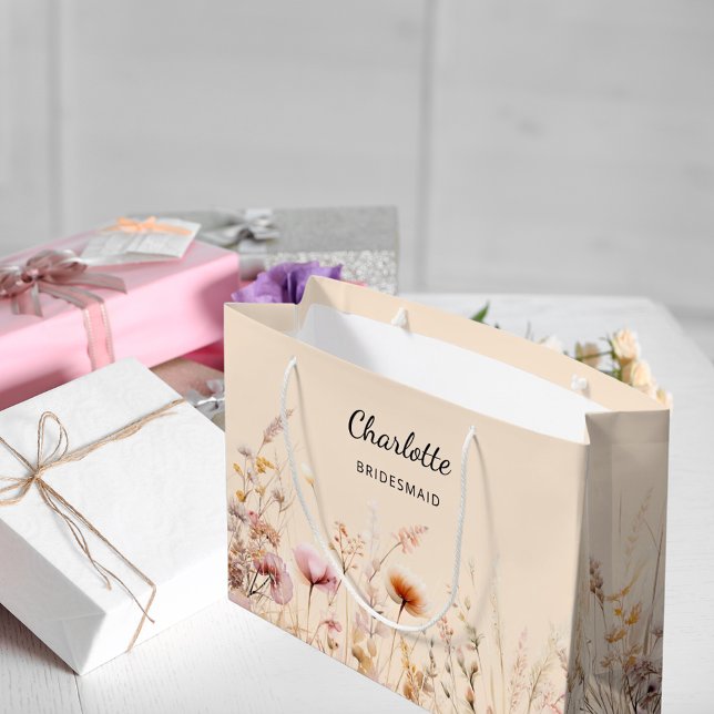 Wildflowers pink beige bridesmaid name large gift bag (Creator Uploaded)
