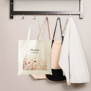 Wildflowers pink beige bridesmaid tote bag