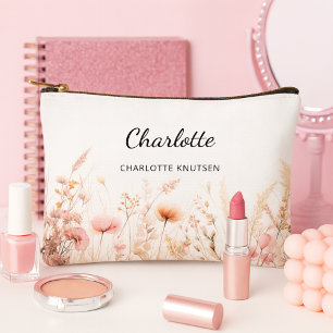 Wildflowers pink beige monogram name accessory pouch