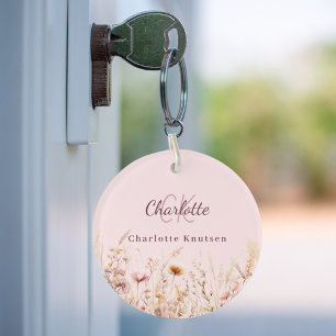 Wildflowers pink beige monogram name key ring