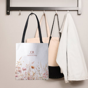 Wildflowers pink beige monogram name tote bag