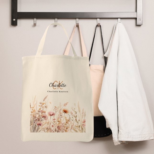 Wildflowers pink beige monogram name tote bag (Creator Uploaded)