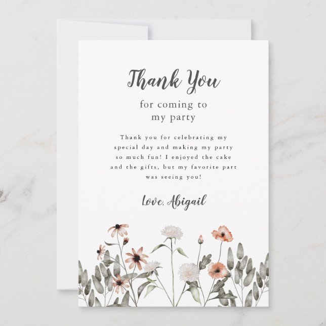 Wildflowers Pink Birthday Party   Thank You Card (Front)