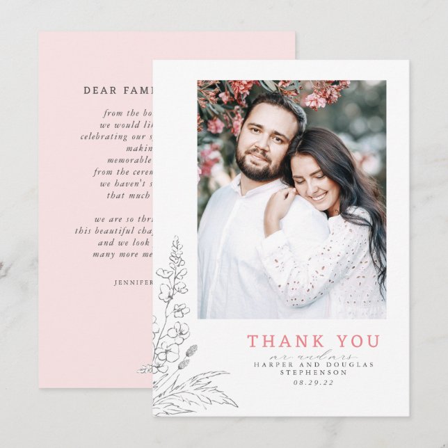 Wildflowers Pink Elegant Wedding Thank You Photo (Front/Back)