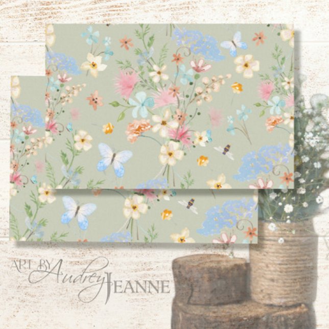 Wildflowers Pink Floral Bee Butterfly Decoupage Tissue Paper (Creator Uploaded)