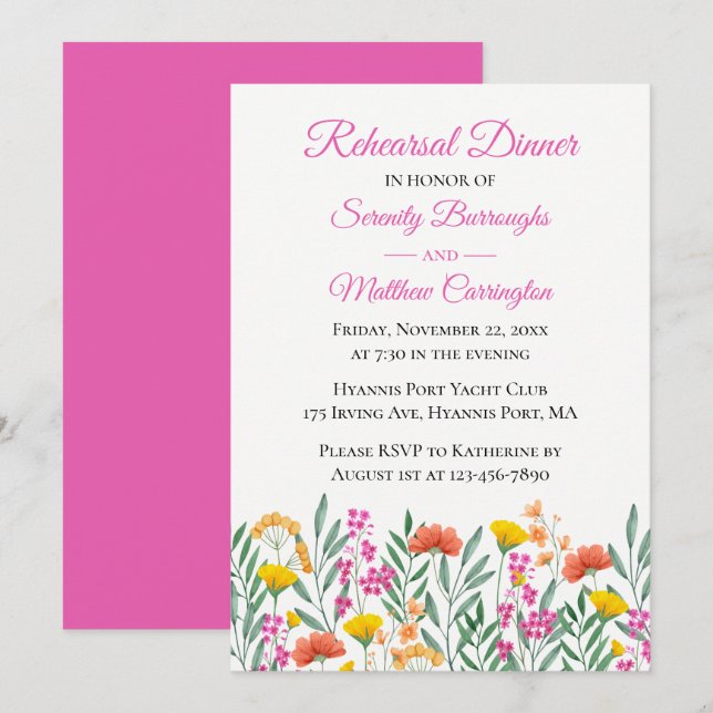 Wildflowers Pink Floral Wedding Rehearsal Dinner Invitation (Front/Back)