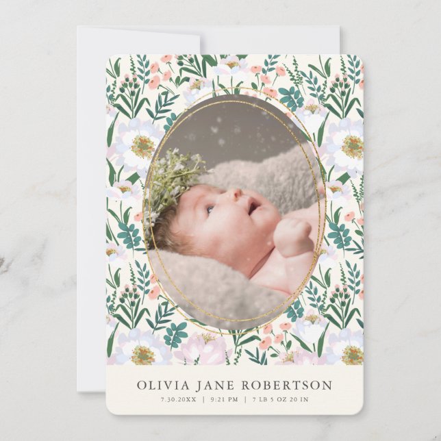 Wildflowers Pink Girl Photo Birth Announcement (Front)