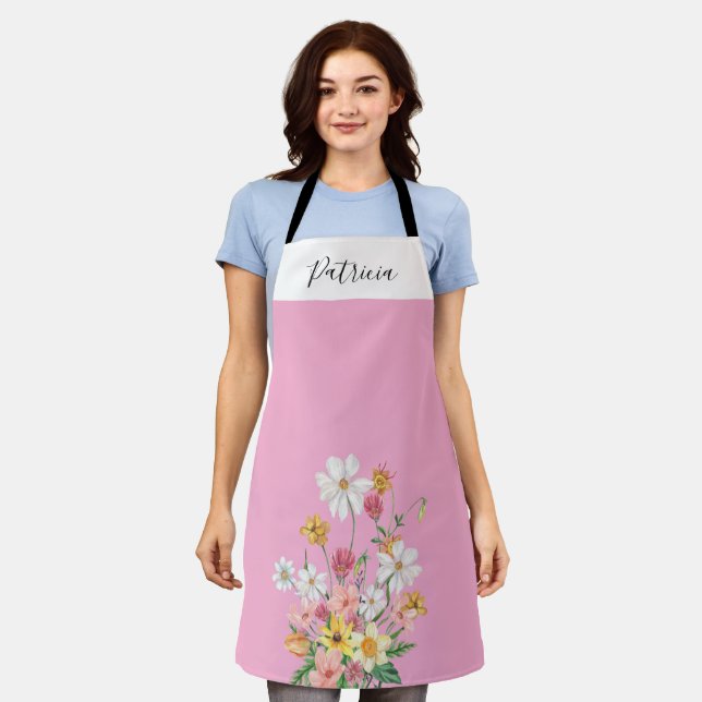 Wildflowers Pink Personalised Apron (Worn)