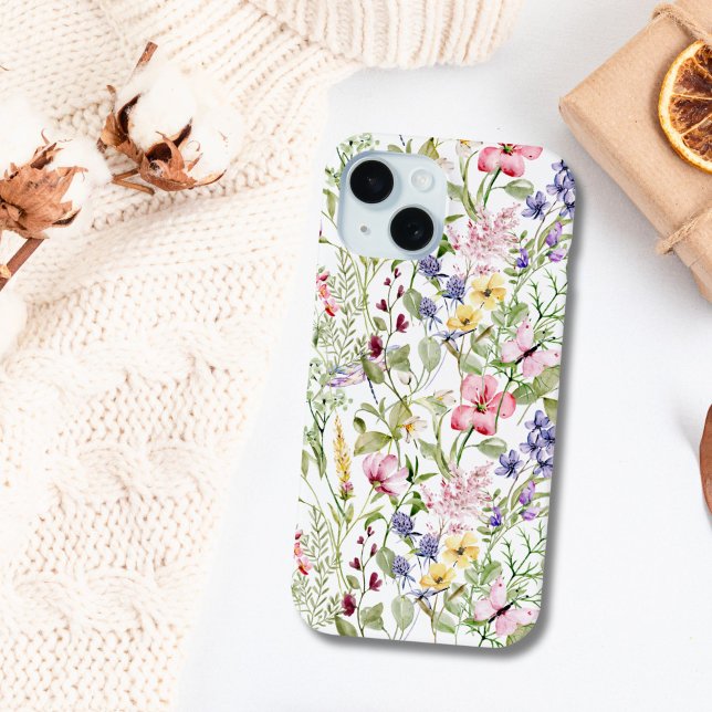 Wildflowers Pink Purple Yellow Flowers Greenery Case-Mate iPhone Case (Pink purple yellow wildflowers iPhone 15 16 14 13 12 11 case.)