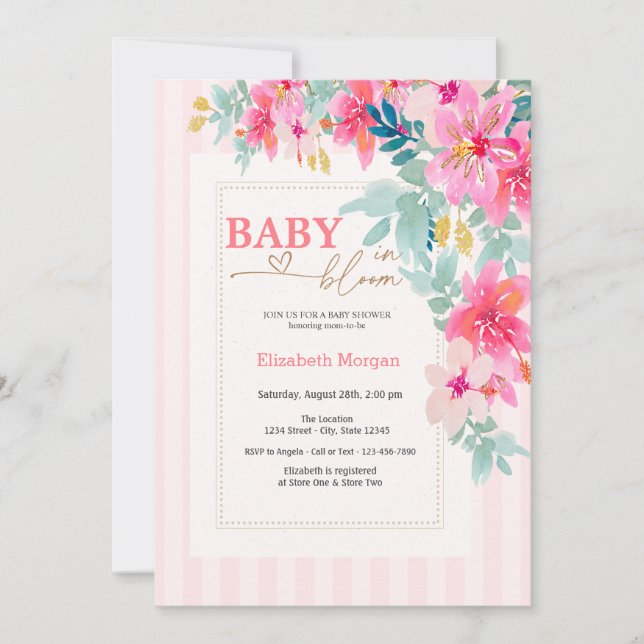 Wildflowers Pink Stripes Baby in Bloom Baby Shower Invitation (Front)