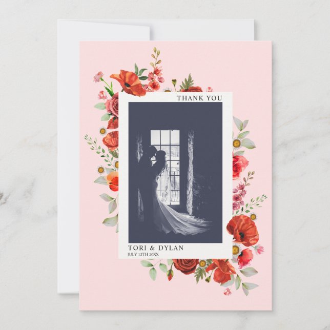 Wildflowers Pink Wedding Photo Thank You Card (Front)