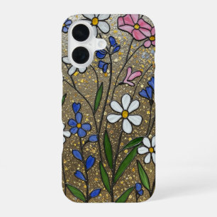 Wildflowers Pink White Gold stained glass Illusion iPhone 16 Case