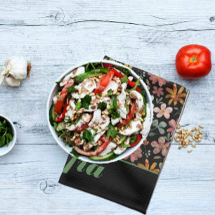 Wildflowers pink yellow pattern custom name black tea towel