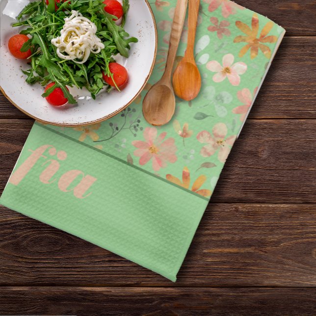 Wildflowers pink yellow pattern custom name green tea towel (Creator Uploaded)