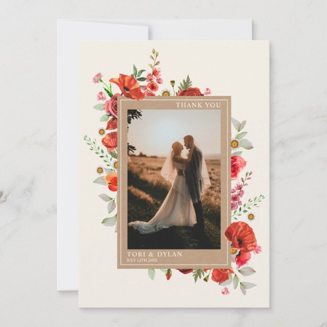 Wildflowers Poppy Botanical Wedding Photo Thank You Card (Front)