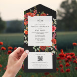 Wildflowers Poppy Red Floral Dark Wedding QR RSVP All In One Invitation<br><div class="desc">Wildflower botanical design featuring a red colour scheme with poppies,  daisies and roses over a dark grey background with off white rectangles for text.  QR code on RSVP card.</div>