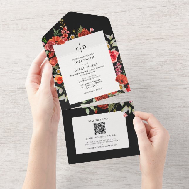 Wildflowers Poppy Red Floral Dark Wedding RSVP All All In One Invitation (Tearaway)